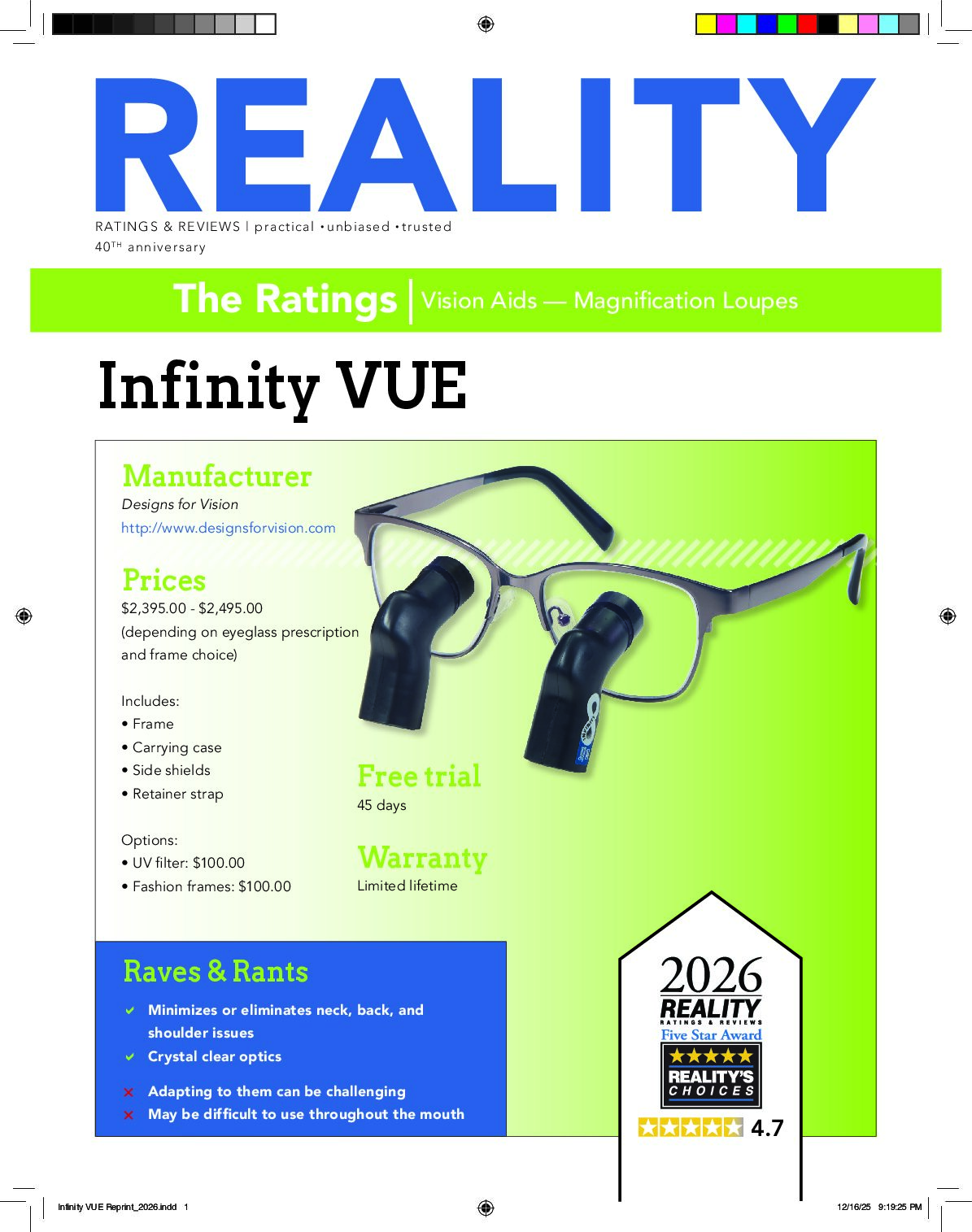 Reality Review Infinity VUE Reprint